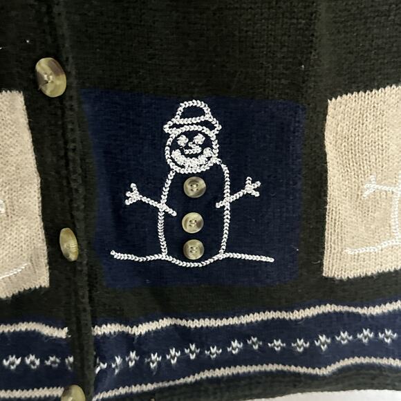 Christopher Banks Holiday Snowman Hand Crochet Button Up Cardigan Size M Grandma - Picture 2 of 8
